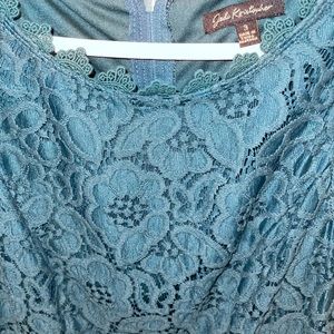 Jodi Kristopher Lace Floral Fit and Flare Dress emerald high Neckline size  3